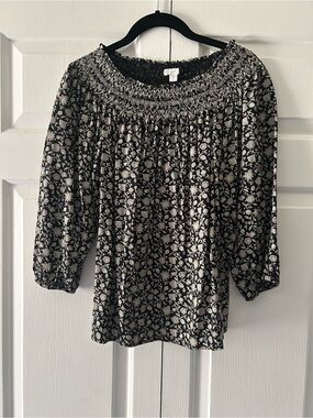 J. Jill Black and Cream Floral Smocked Neck Blouse